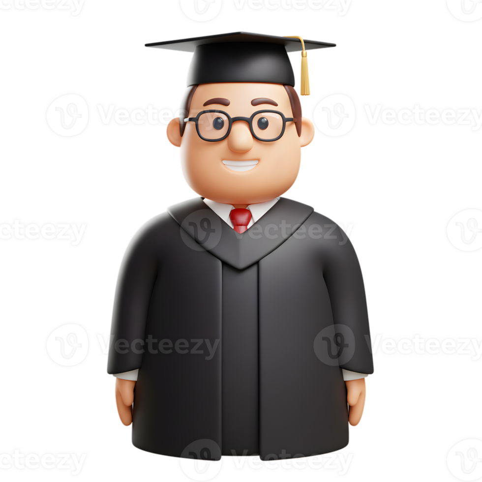 Happy Graduate Cartoon 3D Character Academic Success Cap Gown Male Smart Model Person Student png