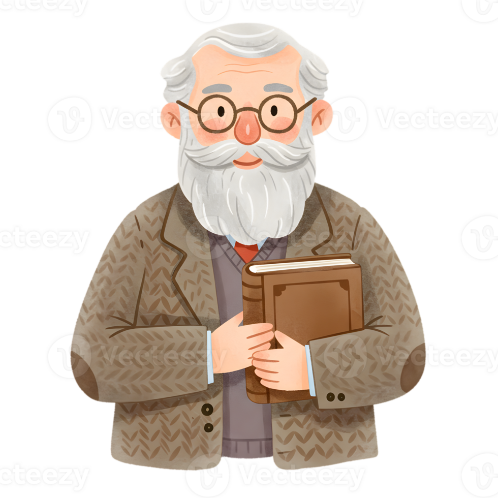 Elderly Professor Holding Book Illustration Watercolor Style man art gray study beard brown white png