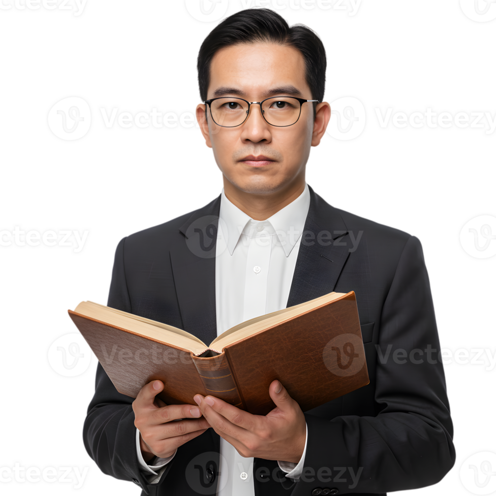 Asian Man in Suit Reading Book Serious Expression Professional Study Lawyer Formal Wisdom Scholar png