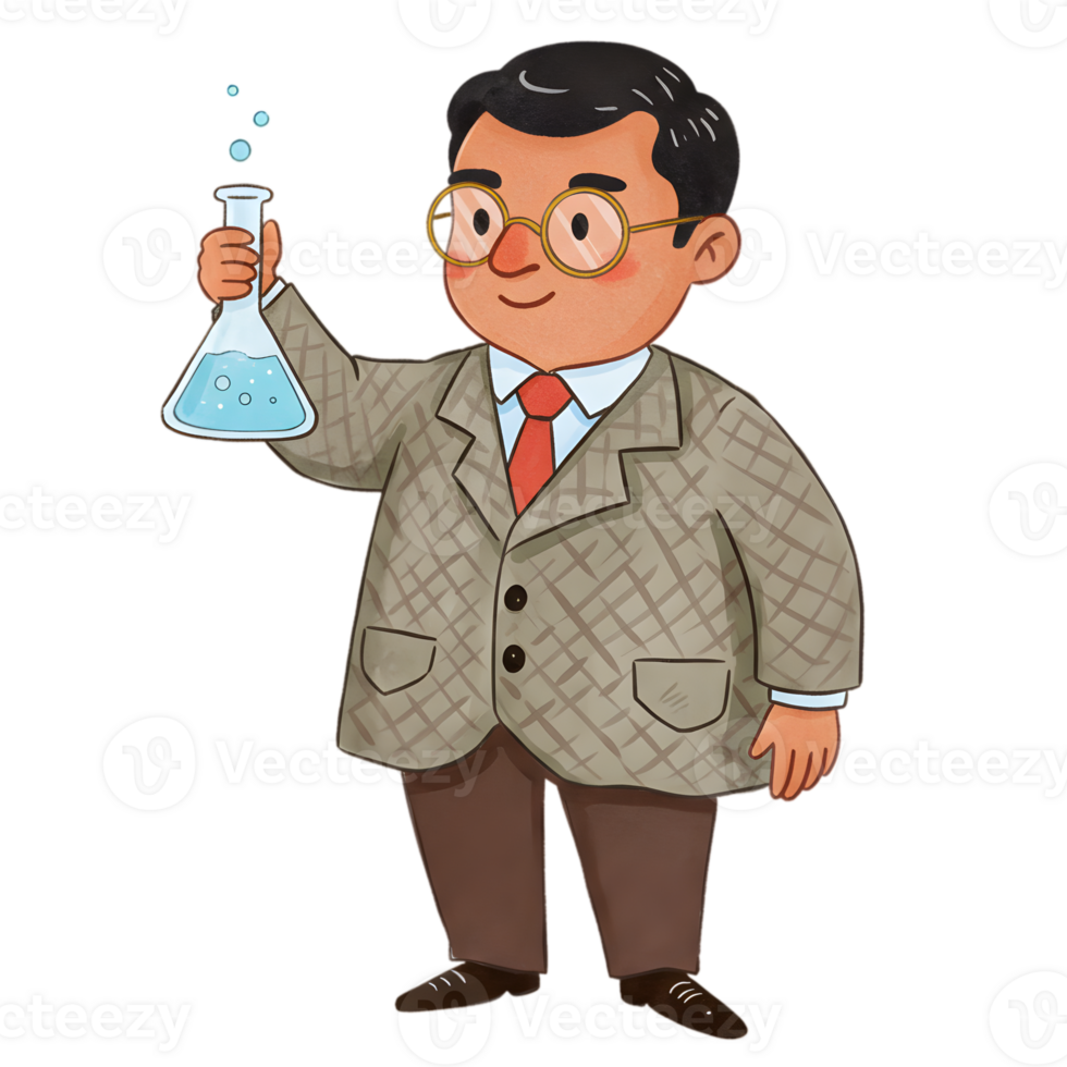 Happy Scientist Holding Beaker Science Illustration Cartoon lab man cute study design glasses png