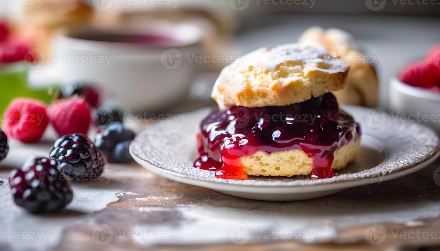 The berry fruit jam topping on scone biscuit photo