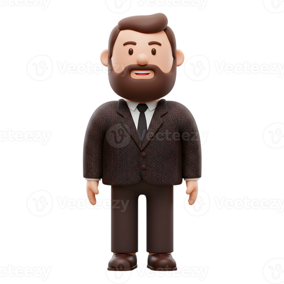 Friendly Cartoon Businessman 3D Render Brown Suit model happy beard image avatar design smiling png
