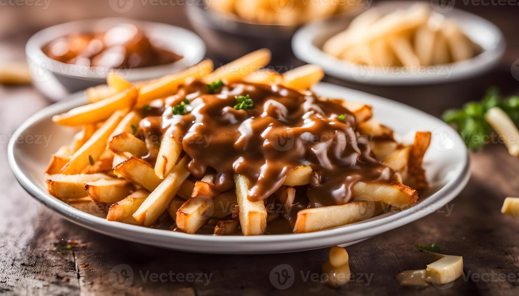 Unhealthy Delicious Poutine with French Fries and Gravy photo