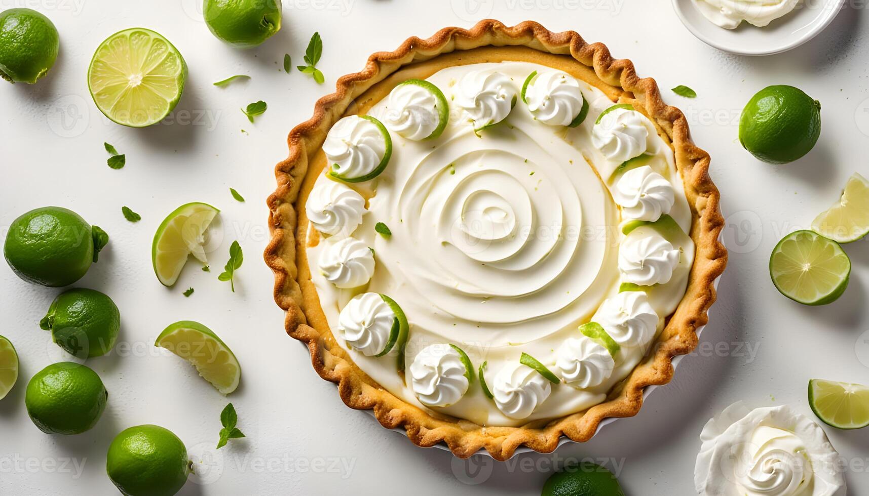 Key Lime Pie with whipped cream swirls top view isolated on white background photo