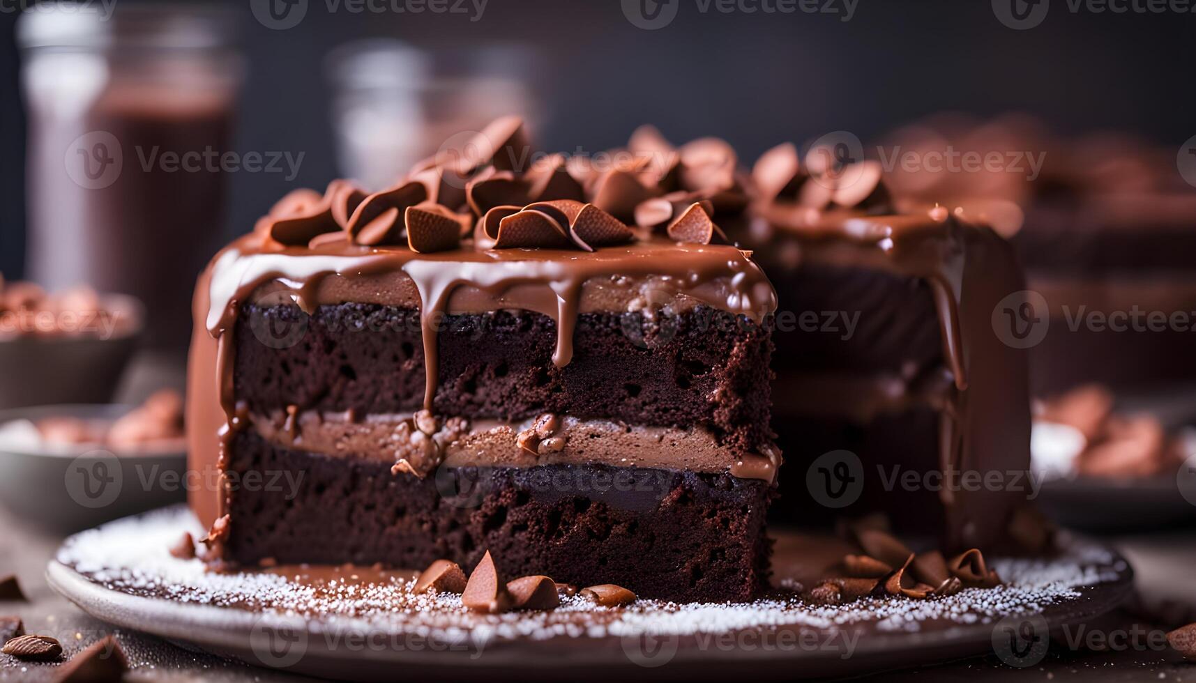 Chocolate cake with filling and cocoa. Close-up. photo