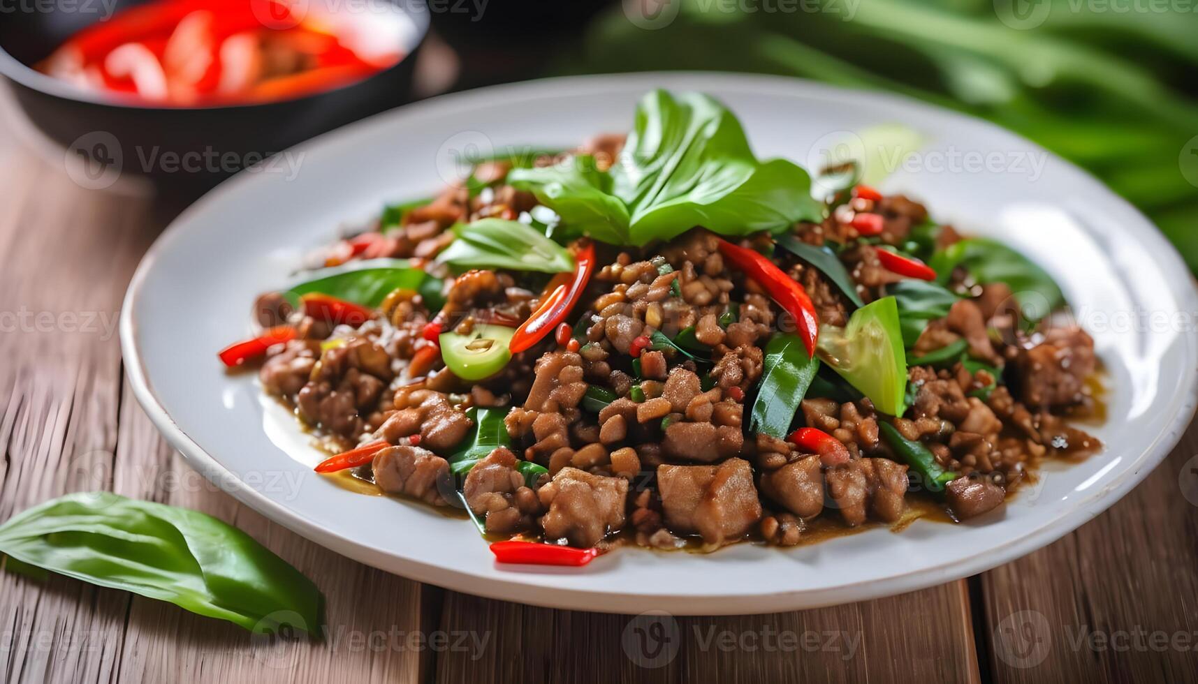 Pad Kra Pao Moo Sab on wooden backgound, Thai famous food that is the stir-fried minced pork, garlic, basil and chili. This simple food is hot and spicy. This can be used in menu for restaurant. photo