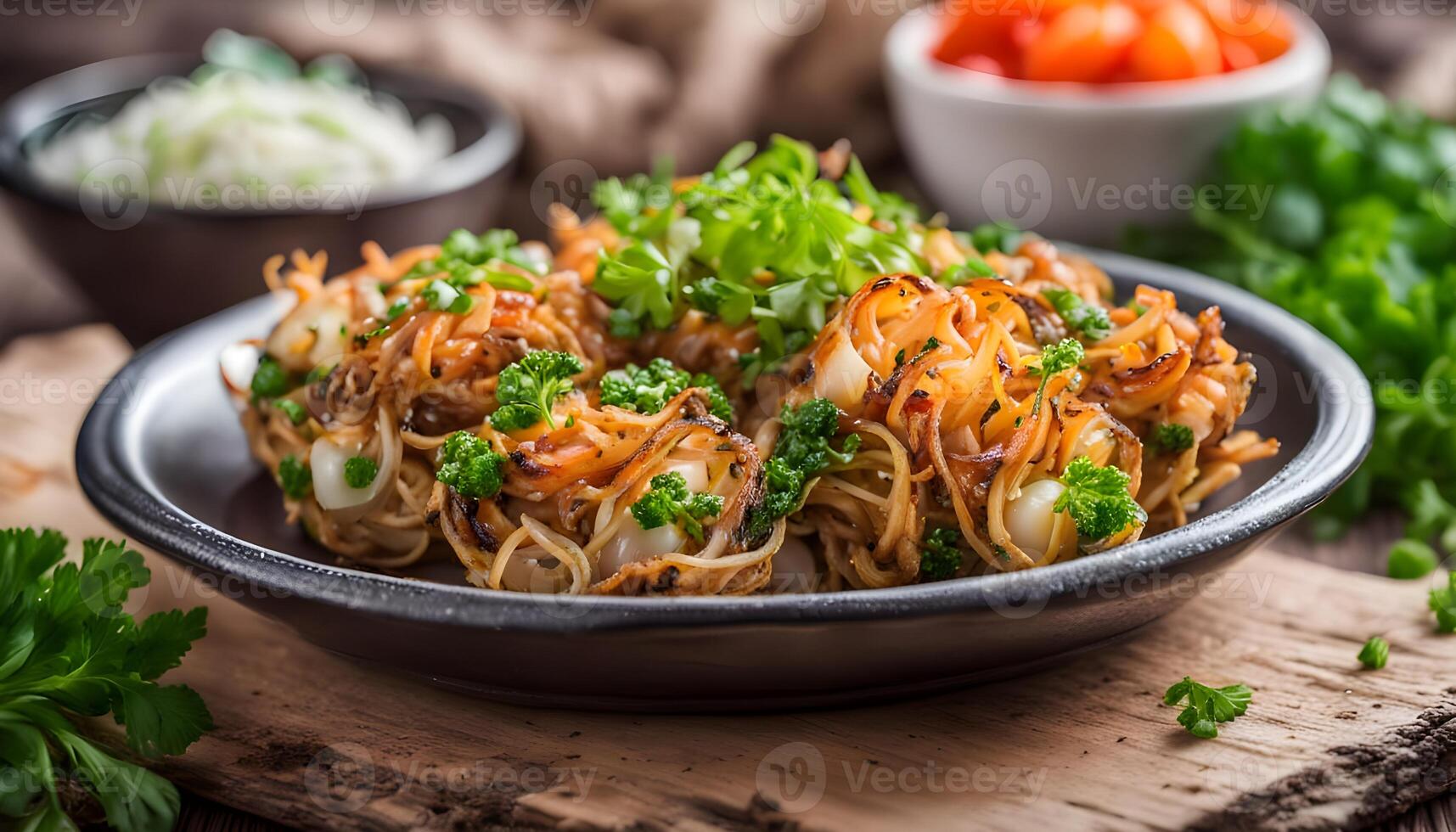 Homemade Fried Vegetable Birds Nests with Onion and Parsley photo