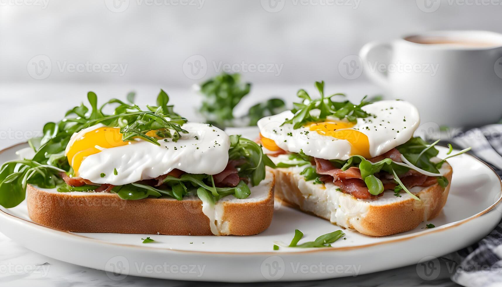 Toasts sandwich with poached egg, arugula, bacon and cream cheese on white plate marble background. Isolated, text space. Horizontal photo