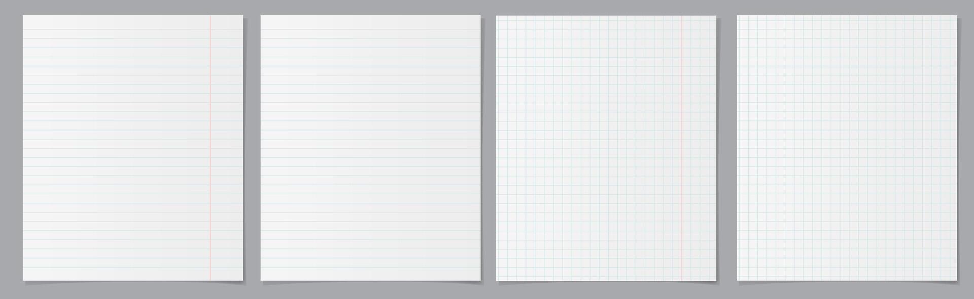 Collection of realistic paper sheets. Blank spages of square and lined paper isolated on gray background vector