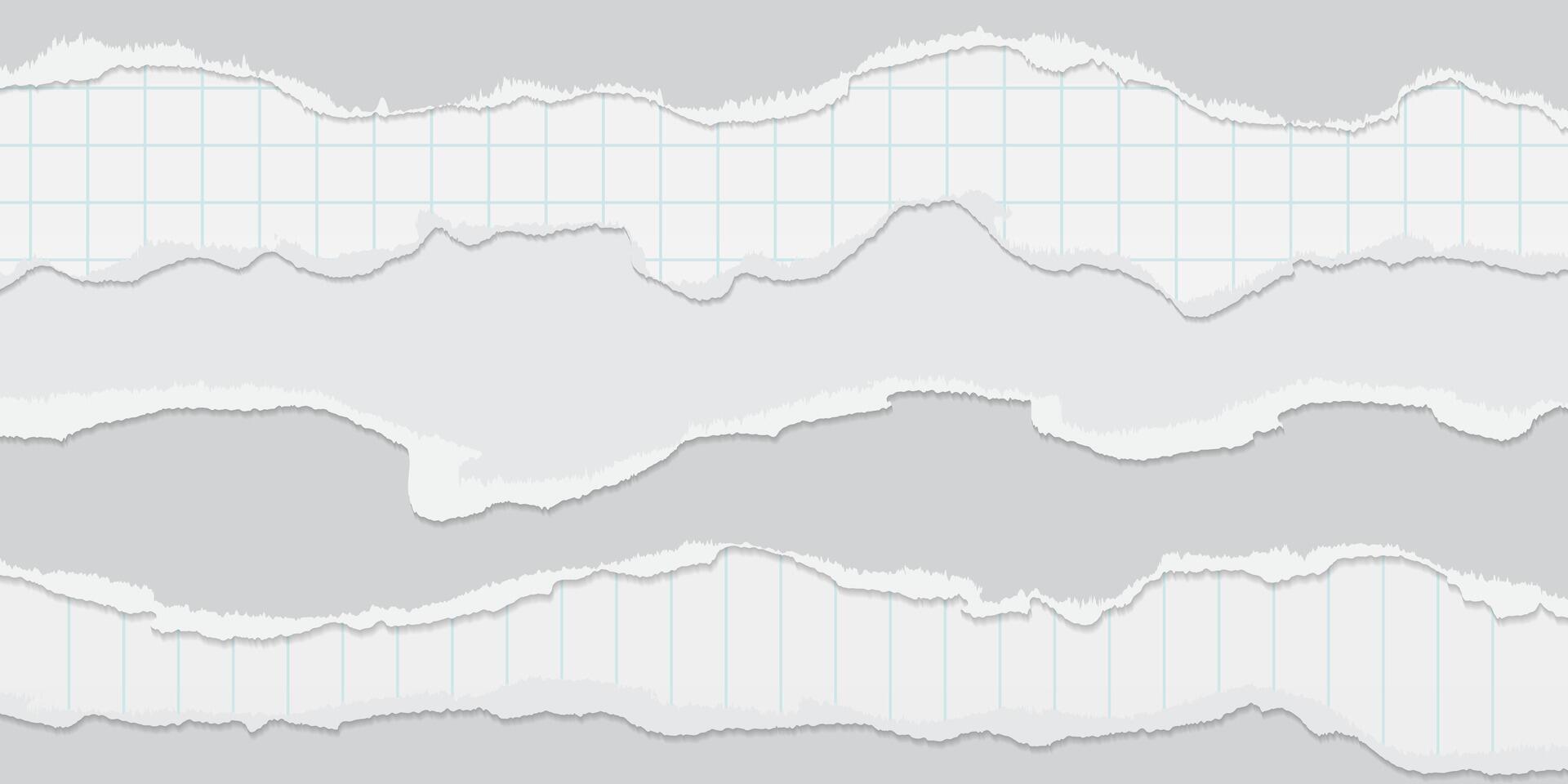 Torn Paper Background. Horizontal shredded pieces of white, squared and lined note paper with soft shadow vector