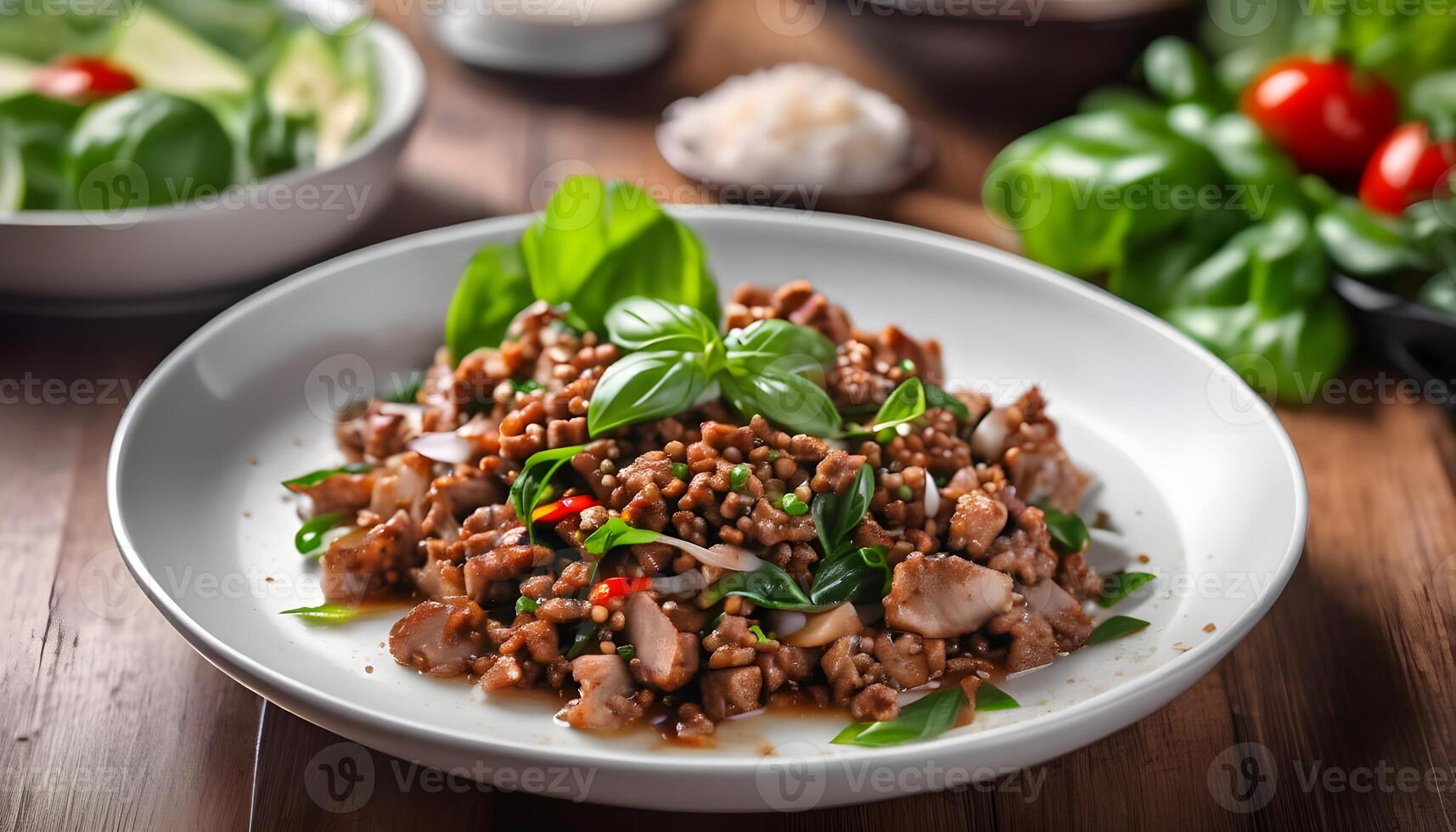 Stir fired minced pork with basil leaf photo