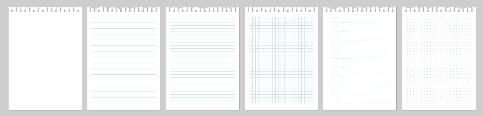 Collection of realistic paper sheets. Blank notebook pages of square and lined paper isolated on gray background vector