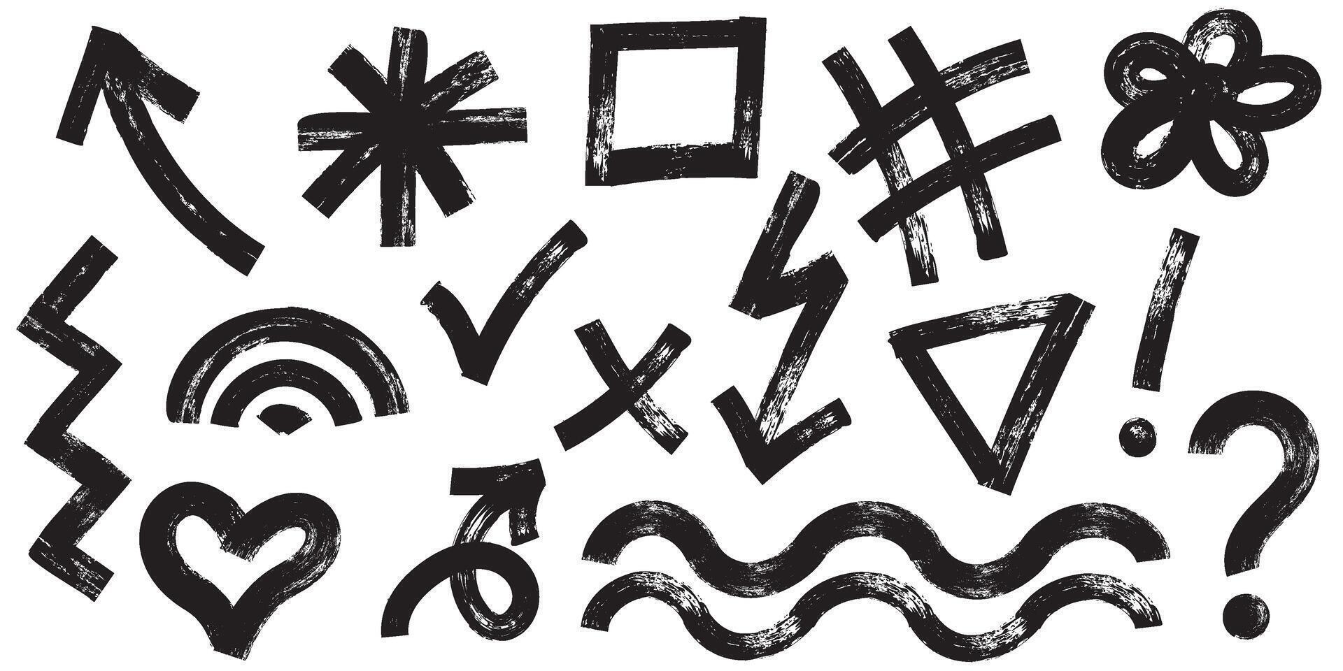 Collection of charcoal graffiti doodle punk and girly shapes. Bold marker brush drawn various doodle elements for templates and collages. vector