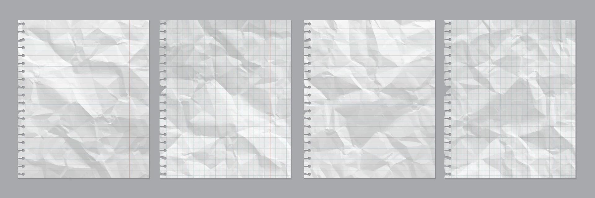 Set of realistic crumpled paper sheets. Blank spages of square and lined paper with wrinkles isolated on gray background vector