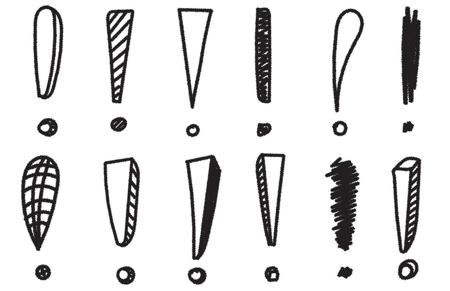Set of hand drawn doodle exclamation marks icon elements. Ink or charcoal graphic elements. vector