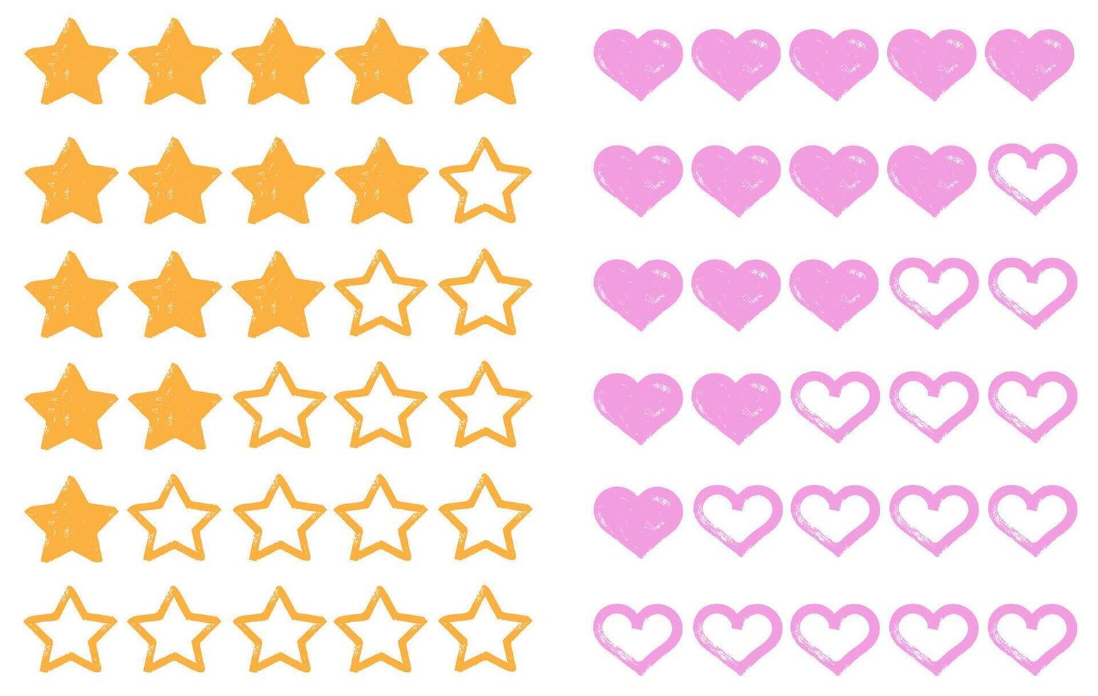Set of hand drawn star and heart rating level bar for social reactions, review, and customer feedback. Bold marker brush drawn elements for product satisfaction, survey, and goal tracking vector