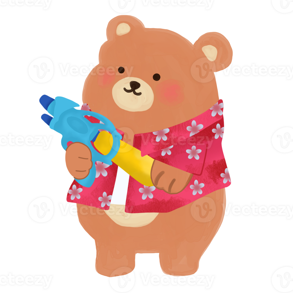 Character Cute Bear in Songkran flower pattern shirt red color and Water pistols or squirters png