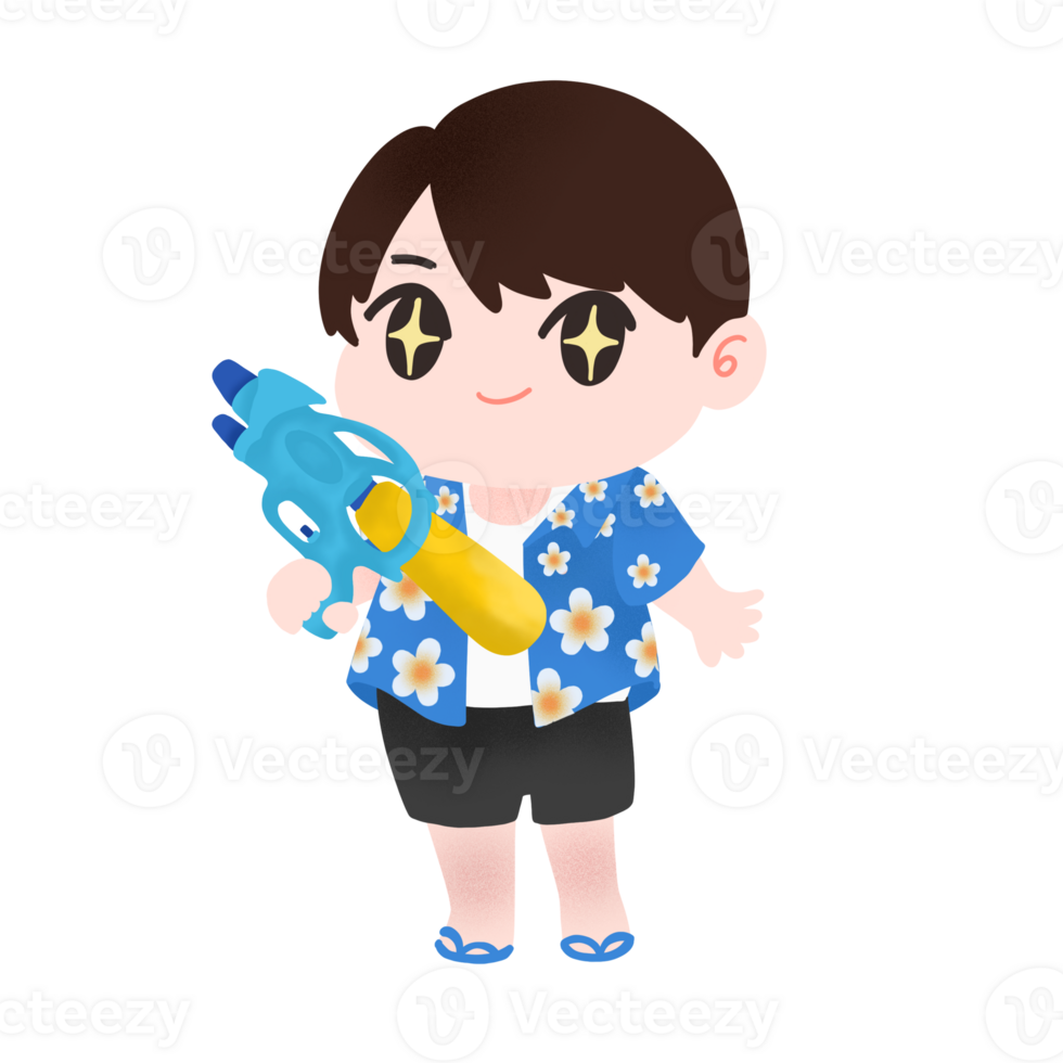 character cute boy in Songkran flower pattern shirt, holding a water pistols png
