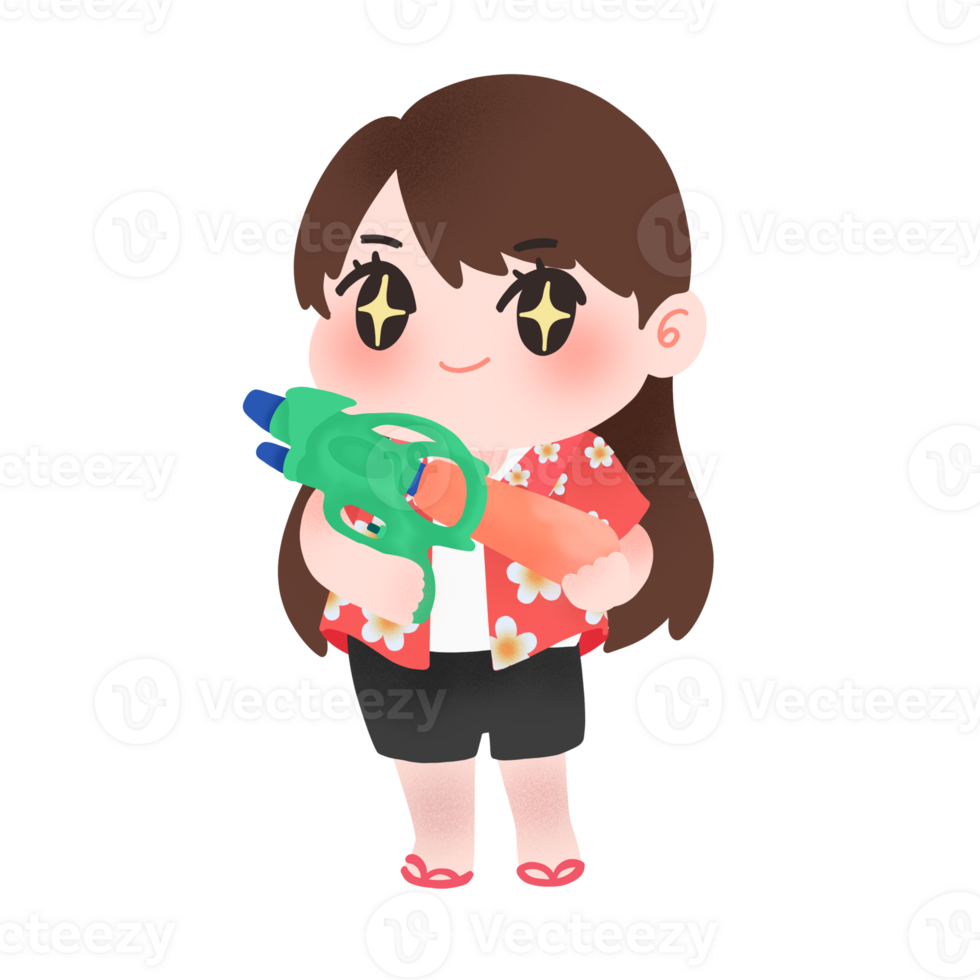character cute girl in Songkran flower pattern shirt, holding a water pistols png