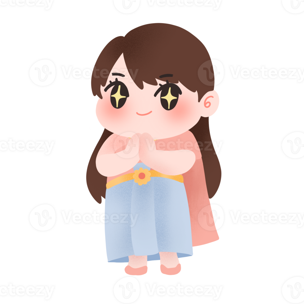 character cute girl in traditional thai outfit, stand to say hello png