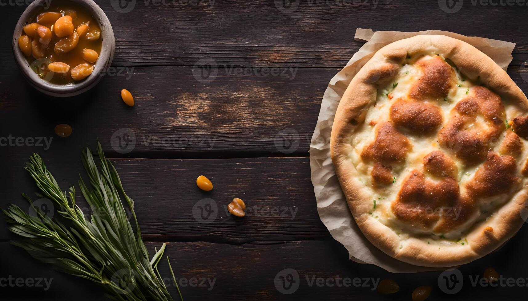 Pita bread on a dark table top view copy space. photo