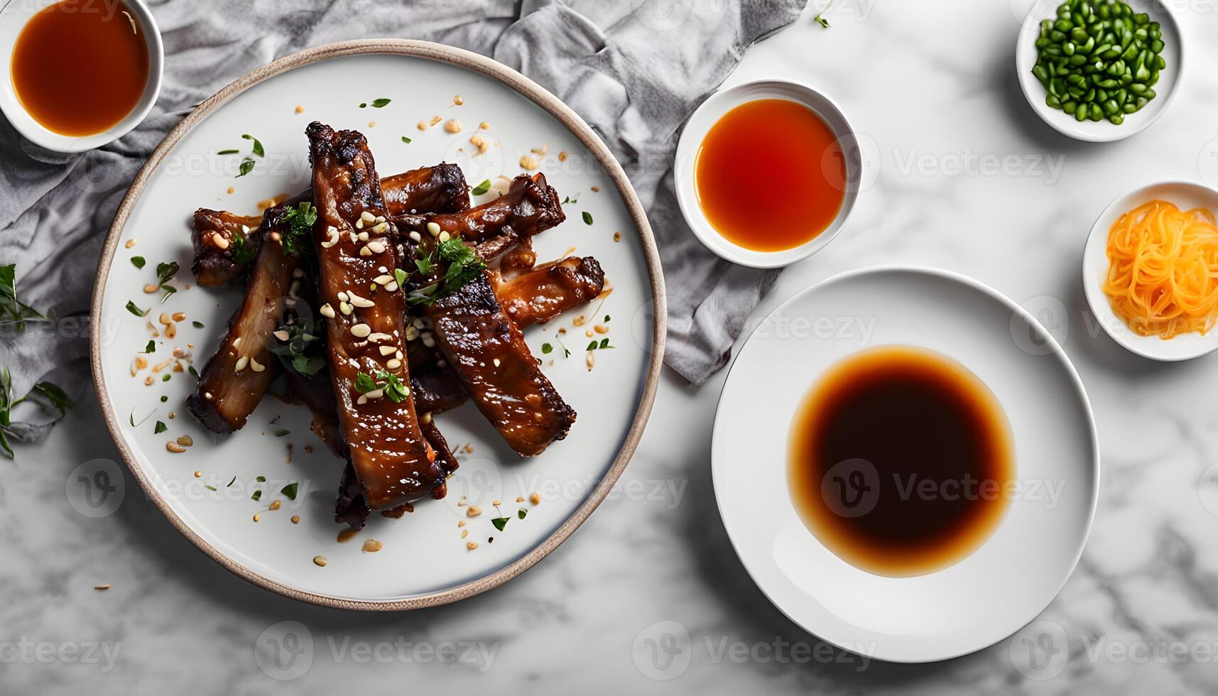 fried sticky ribs marinated in soy sauce and ginger sprinkled on white dish on marble table chinese style view from above photo