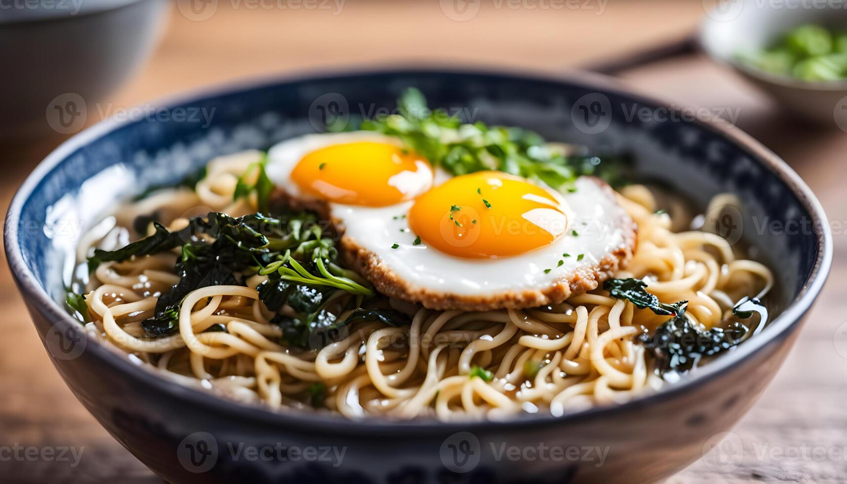 Homemade Japanese Pork Ramen Noodles with Egg and Seaweed photo