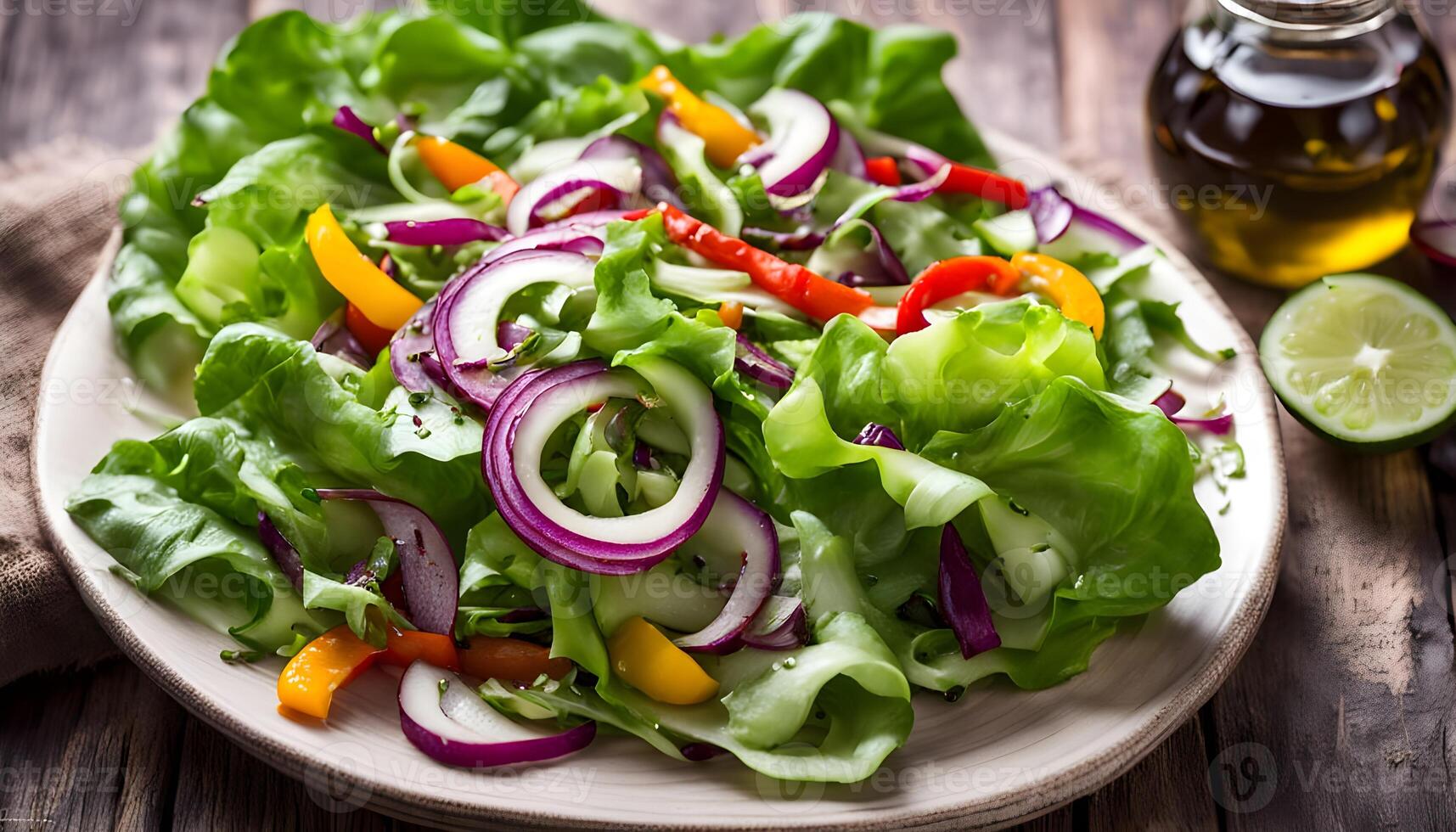 Lettuce with Arugula Cucumber sweet pepper red onion and balsamic vinegar, olive oil. Studio Photo