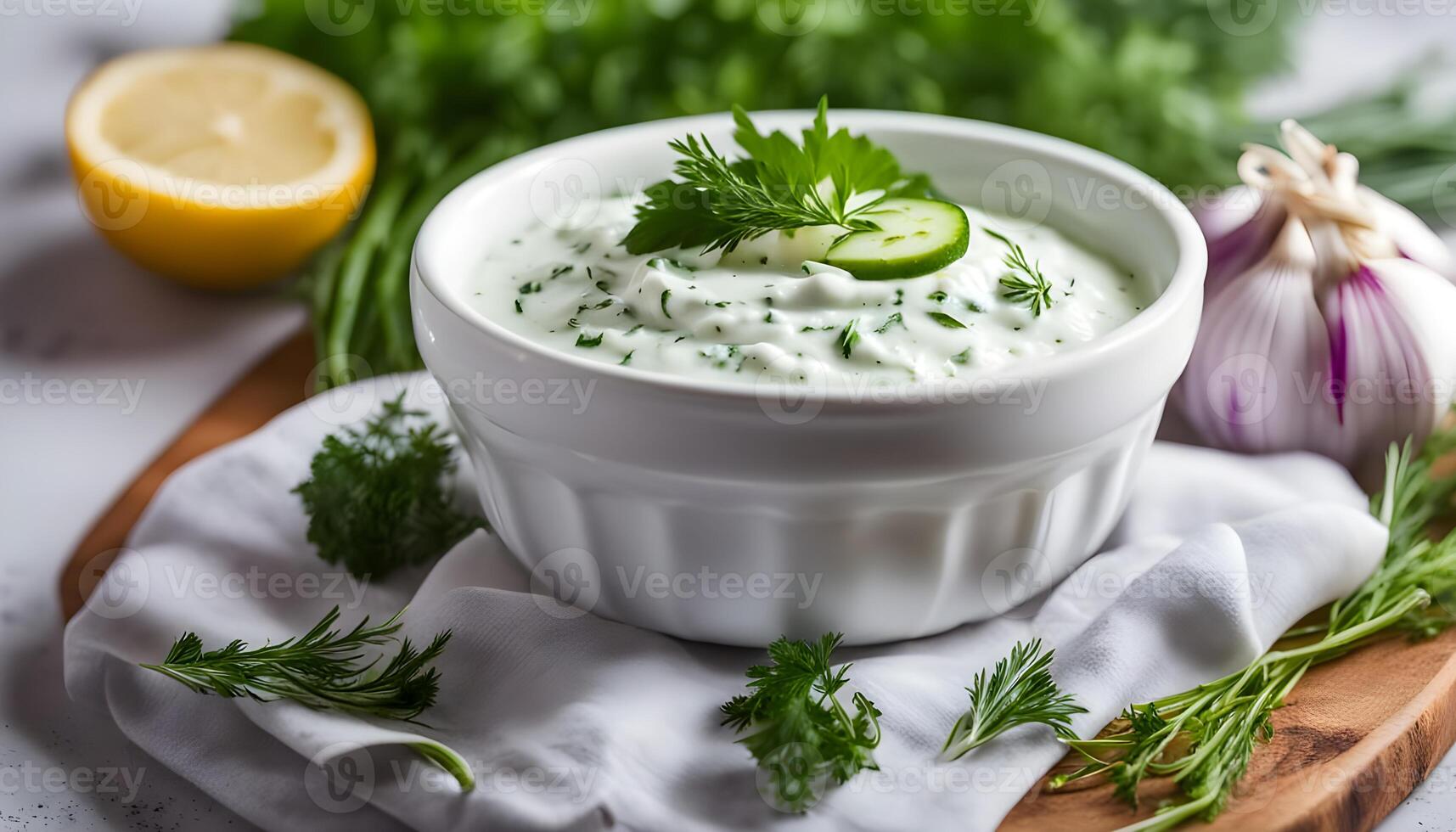 Yoghurt sauce tzatziki with cucumber, garlic, dill. Herbs and vegetables photo