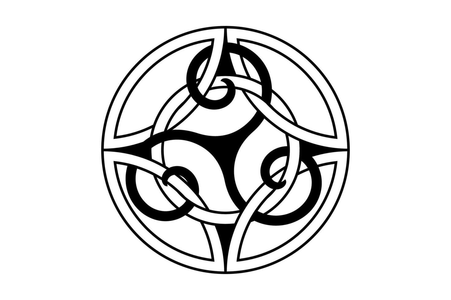 Celtic knot interlocking a Triskele, mystic round logo design, circle shape icon template. Spiral triskelion sign. Sacred tattoo symbol, black isolated on white background vector