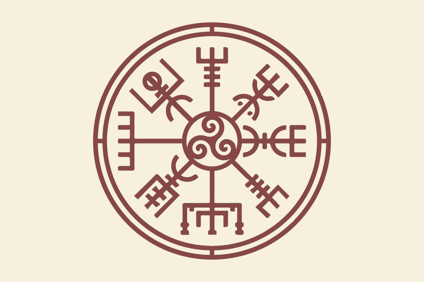 Vegvisir ancient navigation compass and Triskele, hand-drawn Magic Celtic sign. The Vikings used many symbols in accordance to Norse mythology. Esoteric Wiccan Logo icon, vintage background vector