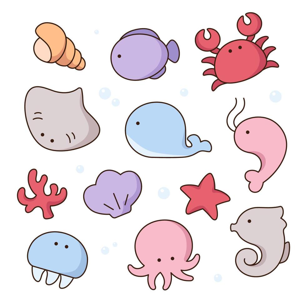 Cute simple comic cartoon style kawaii marine animals. Set of drawings, illustration vector