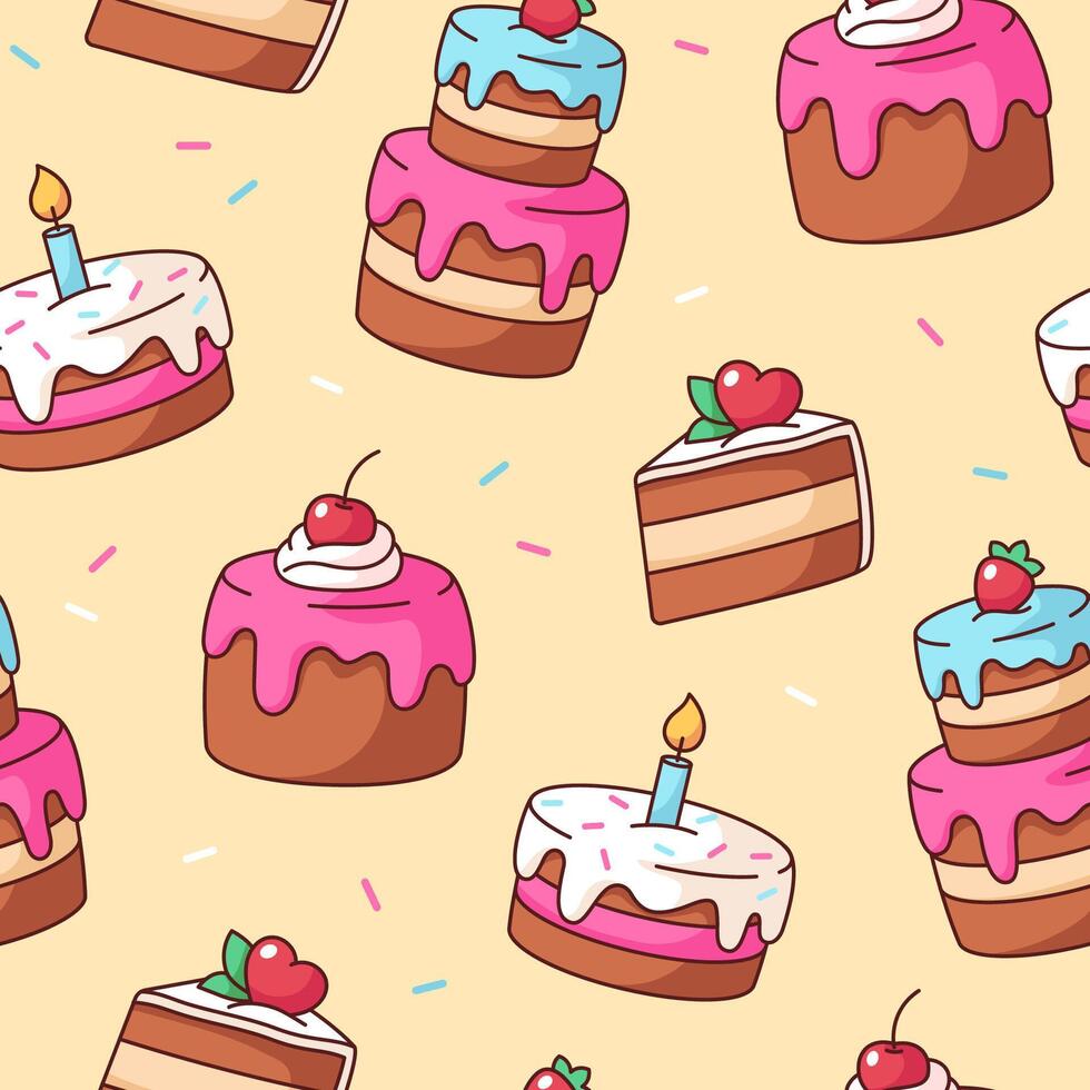 Cakes kawaii illustrations seamless pattern, background. Desserts in a comic, cartoon style, simple drawings vector