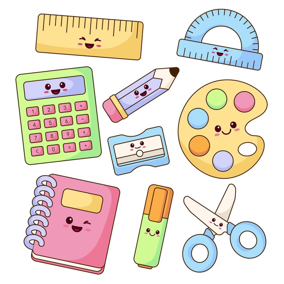 Stationery, school supplies, items, set of simple cute kawaii cartoon style illustrations vector