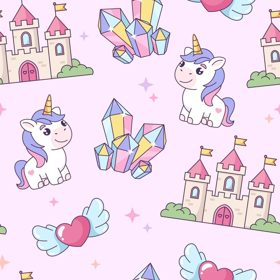 Magic, fantasy, fairy tale objects seamless pattern, background. Castle, unicorn, crystals, heart kawaii illustrations in a comic, cartoon style. vector