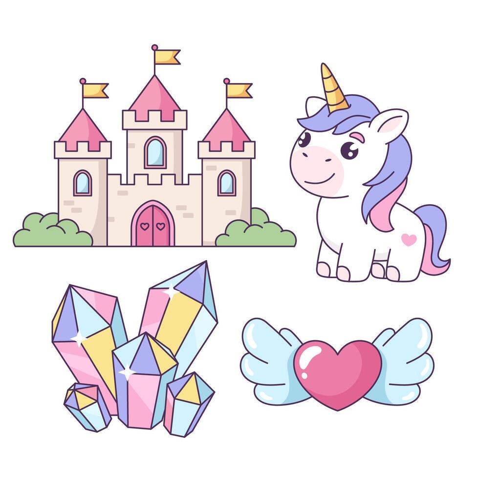 Magic, fantasy, fairy tale objects in a comic, cartoon style. Castle, unicorn, crystals, heart kawaii illustrations. vector