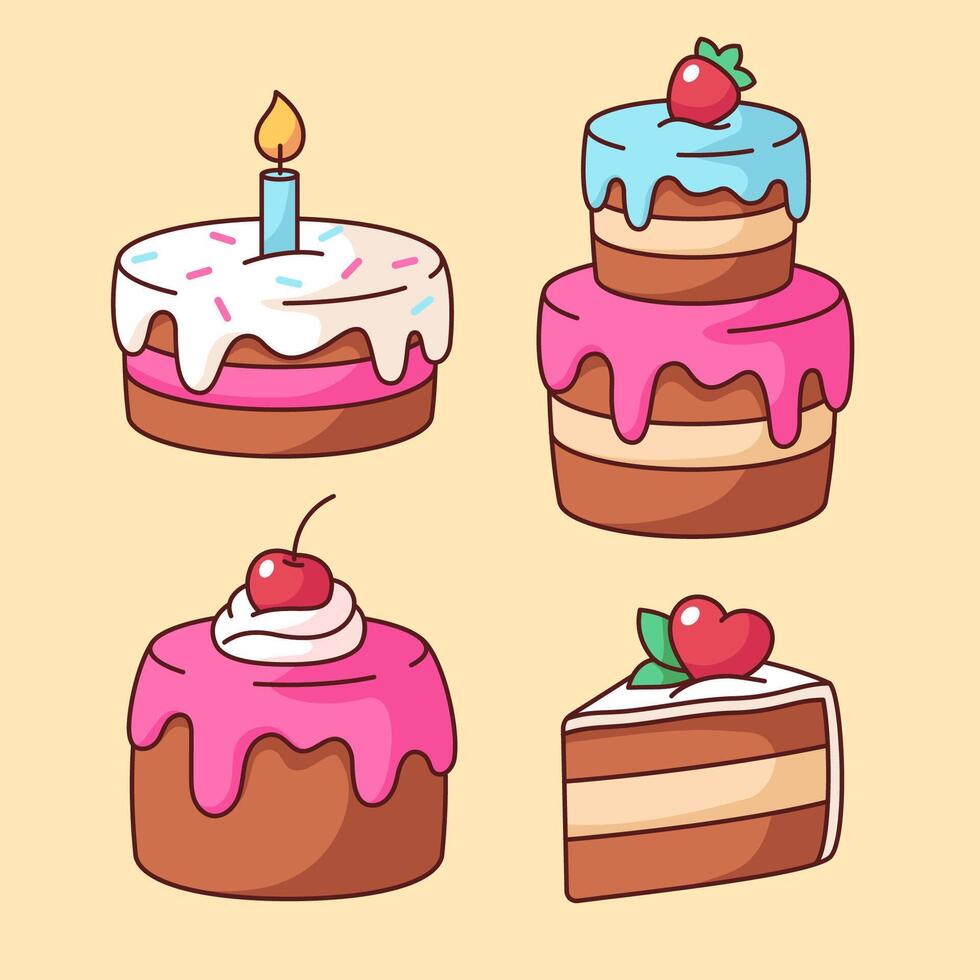 Cakes kawaii illustrations, desserts in a comic, cartoon style, simple drawings vector