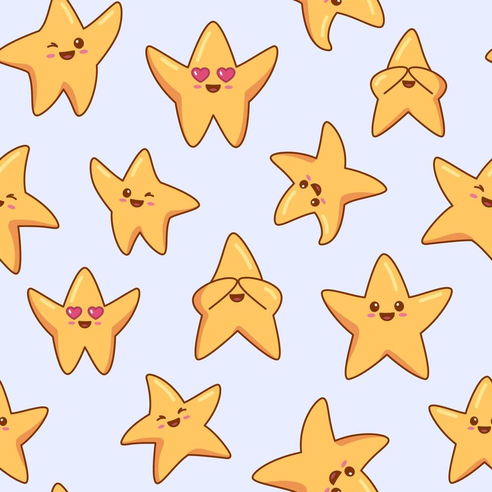 Funny star characters seamless pattern, background. Cute kawaii cartoon style illustrations. vector