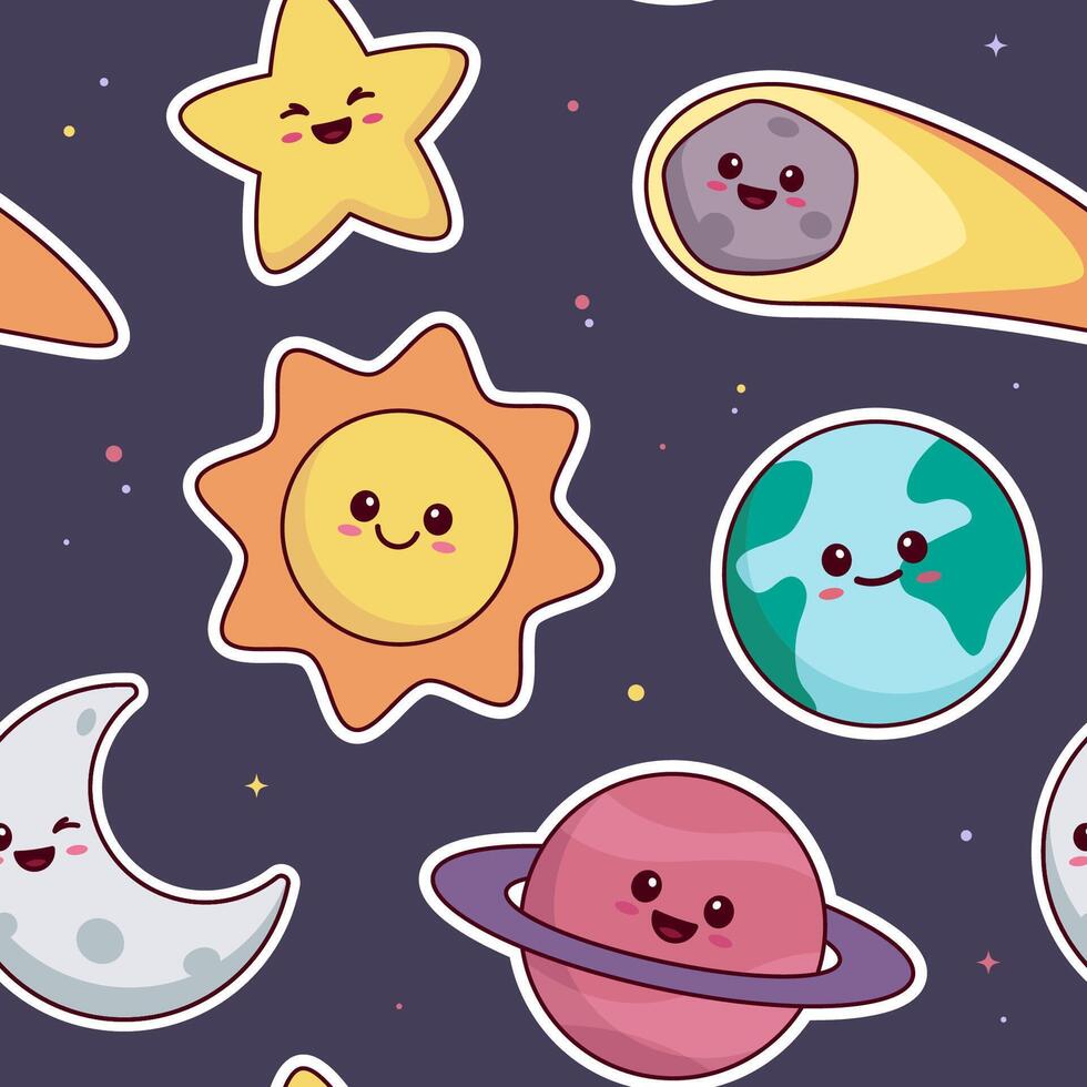 Cute kawaii space objects, smiling planets, moon, sun, star, comet seamless pattern, background. Simple cartoon style illustrations. vector