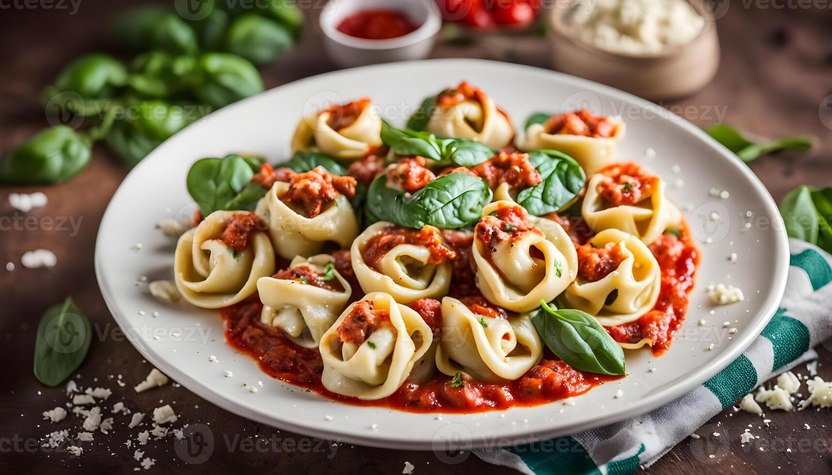 Traditional Italian homemade spinach and ricotta tortellini With marinara sauce. photo