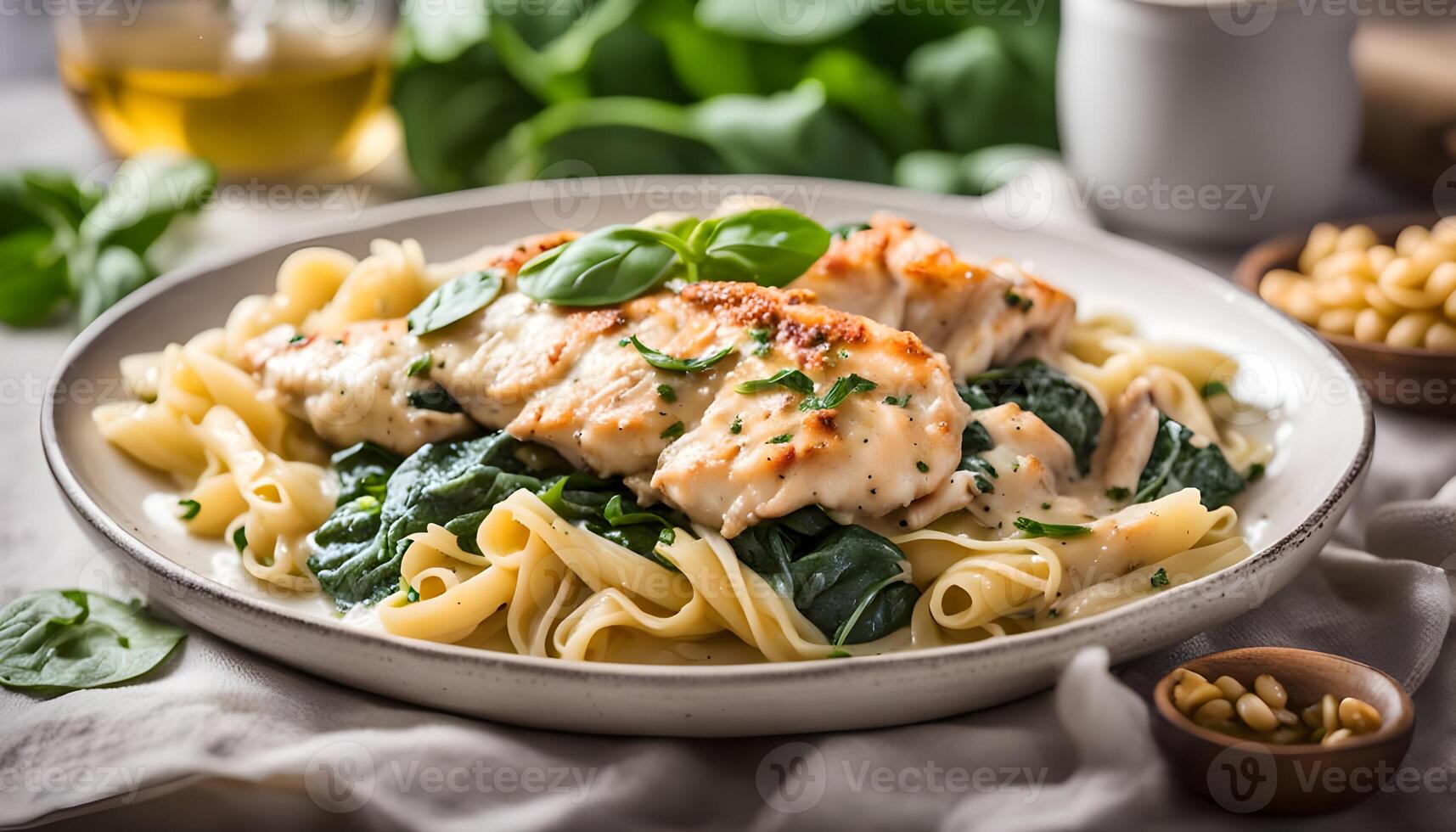 Homemade Creamy Italian Tuscan Chicken with Spinach and Pasta photo