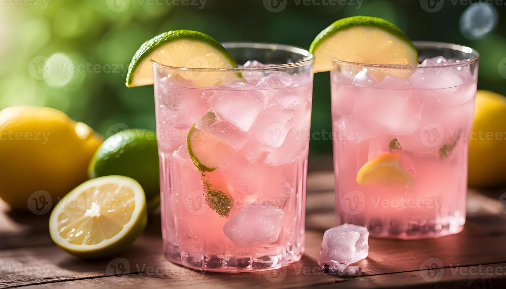 Refreshing Cold Iced Pink Lemonade Drink with Ice Cubes photo