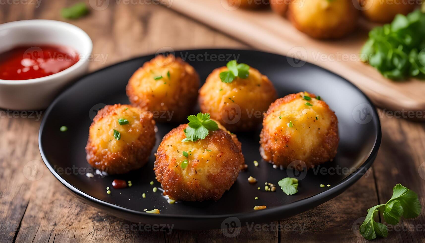 Crispy potato balls with ketchup and mustard on black plate photo