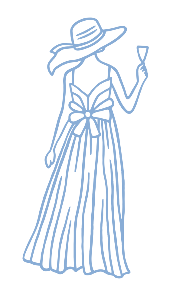 Dress outfit coastal blue aesthetic drawing woman silhouette summer party beach coast girl grandmother granddaughter sketch pastel illustration decor printable isolated clipart transparent background png