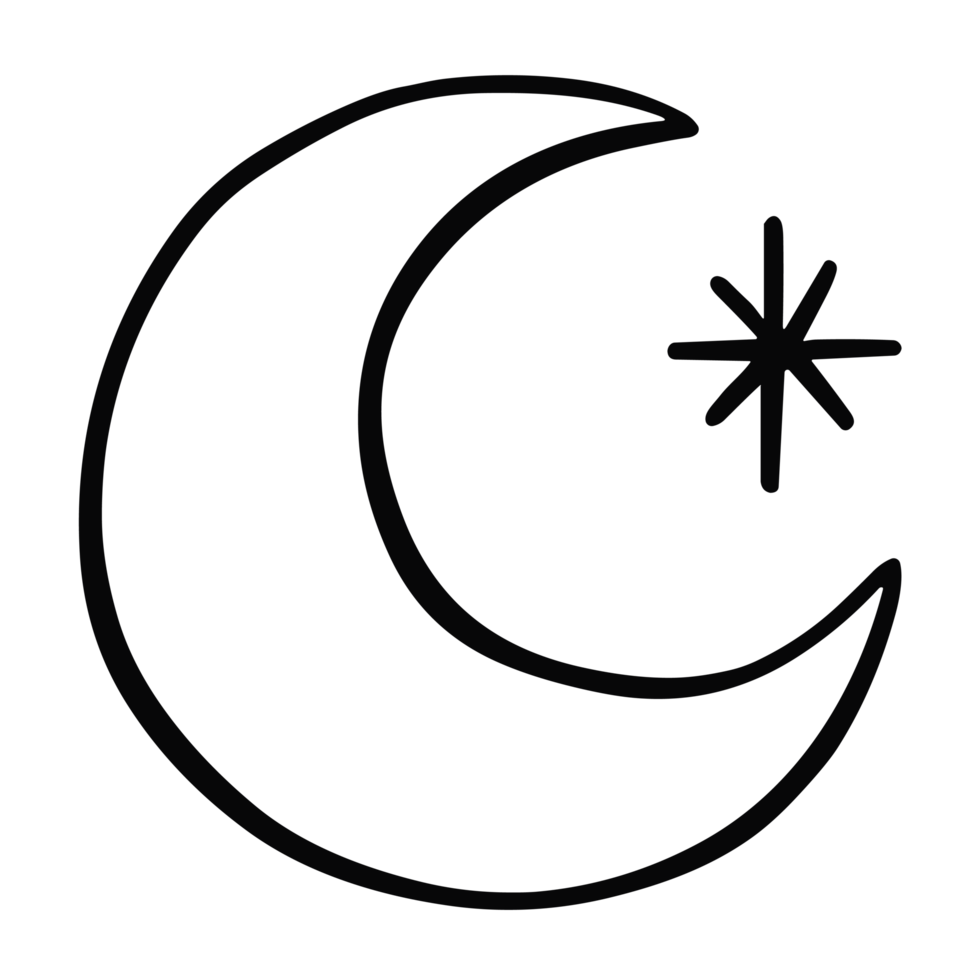 Crescent moon and star celestial whimsical witchy witch doodle drawing hand drawn black and white illustration spiritual girl esoteric boho aesthetic cute decor isolated element transparent background png