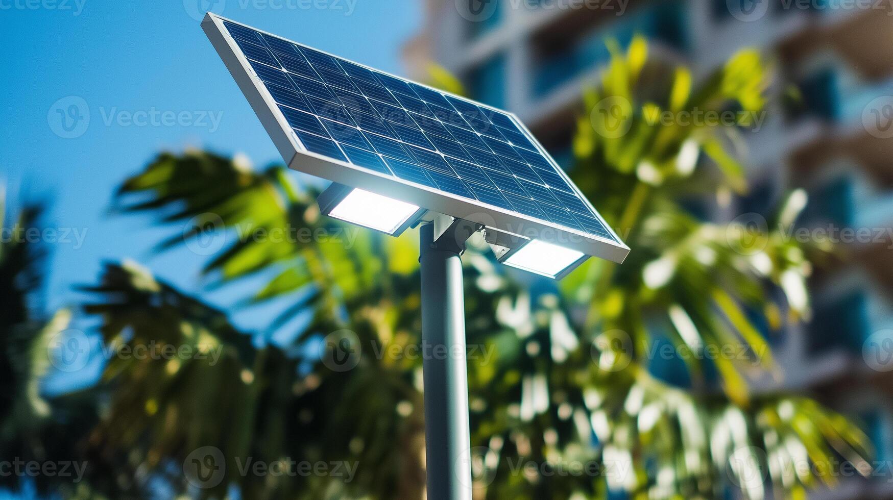 a solar powered light on a pole in front of a building photo