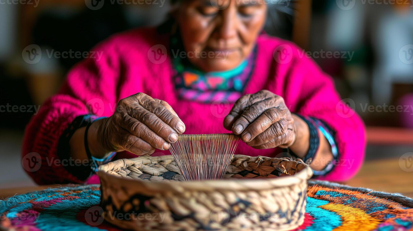 an old woman weaving a basket with yarn photo