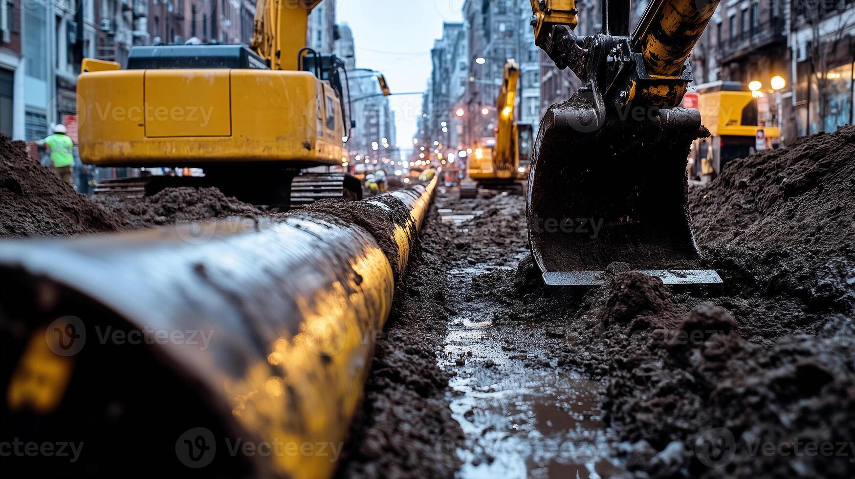 water pipeline being installed in a construction trench at an urban site photo