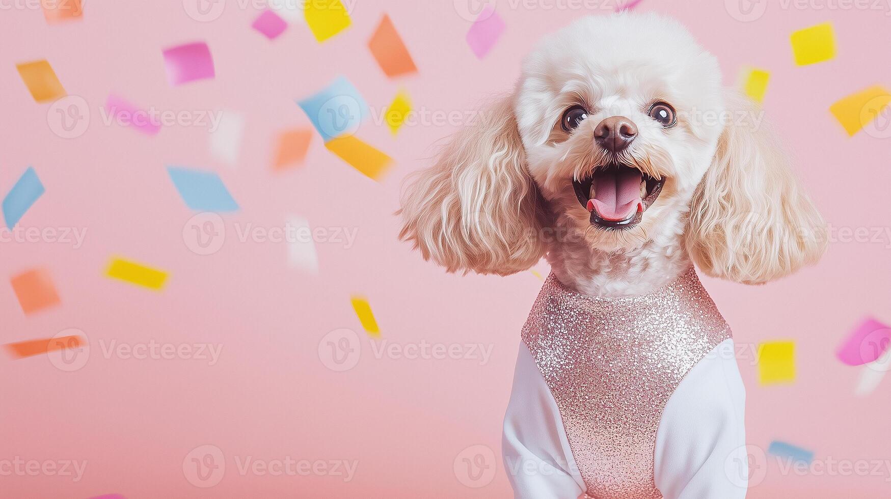 a poodle dog in a pink outfit with confetti falling from the ceiling photo