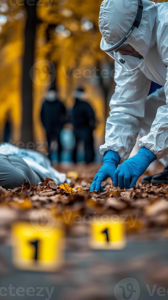 A crime scene investigation with police officers in white hazmat suits and blue gloves photo